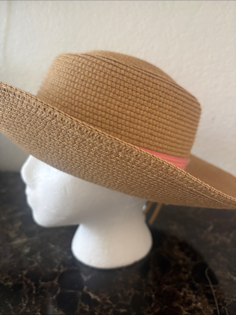 Anne Klein Tan Woven Wide-Brim Hat with Pink Band